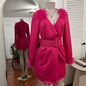 Hot Pink Dress with Feather Trim Small